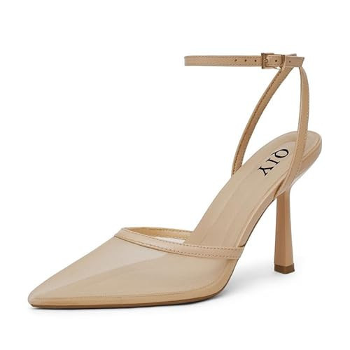 QIY Mesh Heels for Women Nude Closed Toe Pointed Toe Pointy Heels Slingback Kitten Stiletto Ankle Strap Heel Dress Shoes Nude Pumps Size 6.5 | Amazon (US)