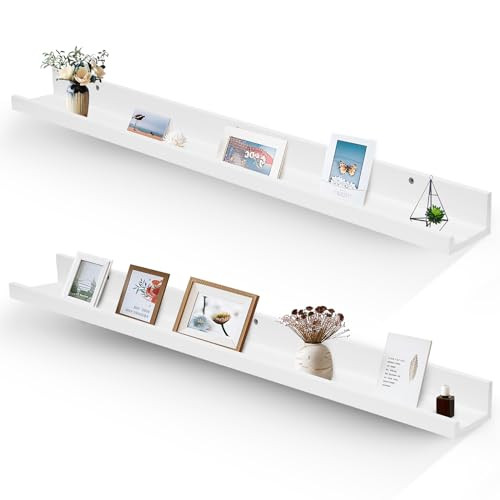 Muzilife 45.3" Large Floating Wall Ledge Shelves with Lip - Set of 2 Wood Floating Shelves - White Wall Mounted Picture Ledge for Office, Bathroom, Bedroom, Living Room, Kitchen | Amazon (US)