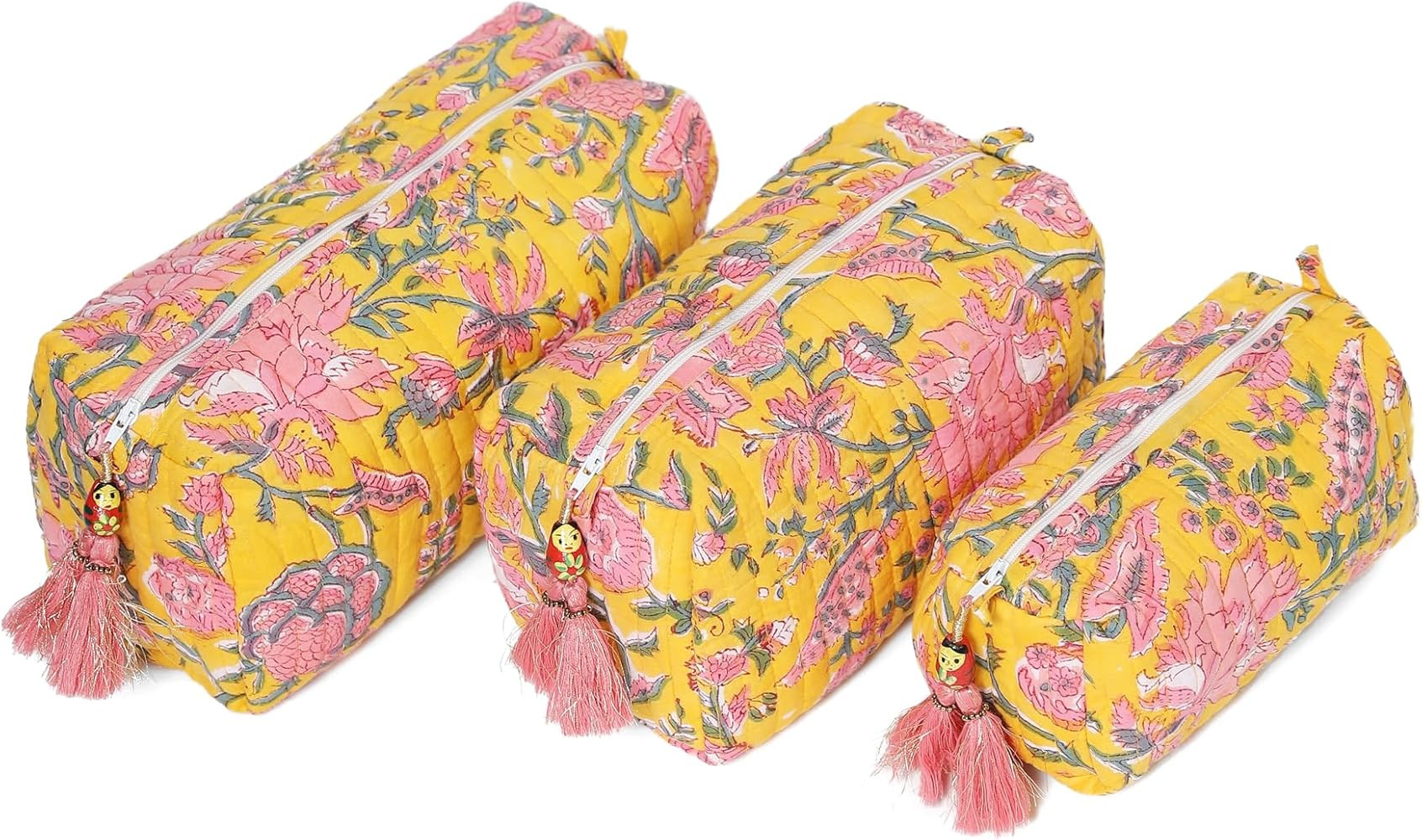 Saffron Marigold Quilted Makeup Bag Set of 3, Hand Block Printed Cotton Cosmetic Bags for Women, ... | Amazon (US)