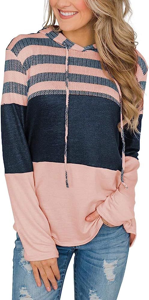 Striped Color Block Hoodies for Womens Long Sleeve Pullover Sweatshirts | Amazon (US)