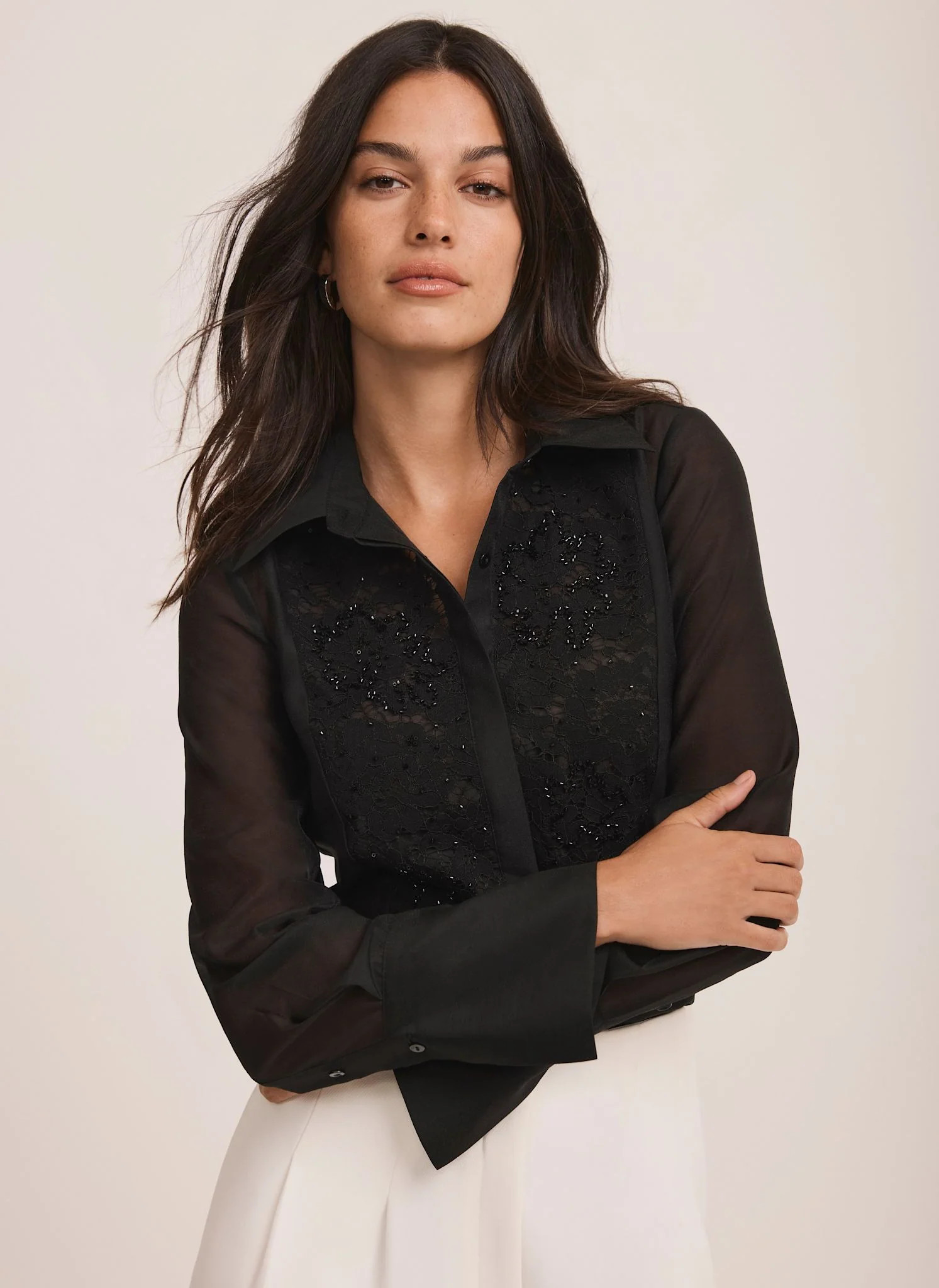 Black Embellished Bib Detail Shirt | Mint Velvet