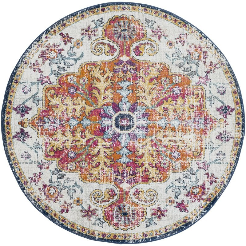 Harput HAP-1000 4' Round Rug in Aqua/White/Red/Yellow/Orange/Pink | Homesquare