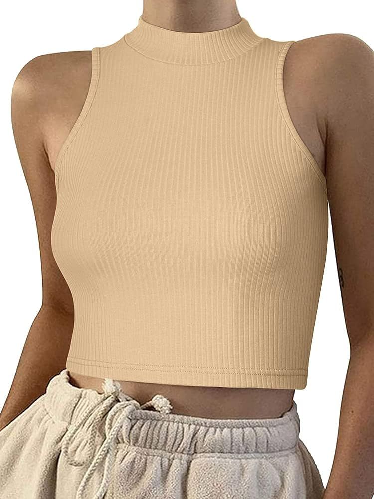 REORIA Womens Casual Fitted Sleeveless Mock Turtleneck Knit Ribbed Tank Crop Tops | Amazon (US)