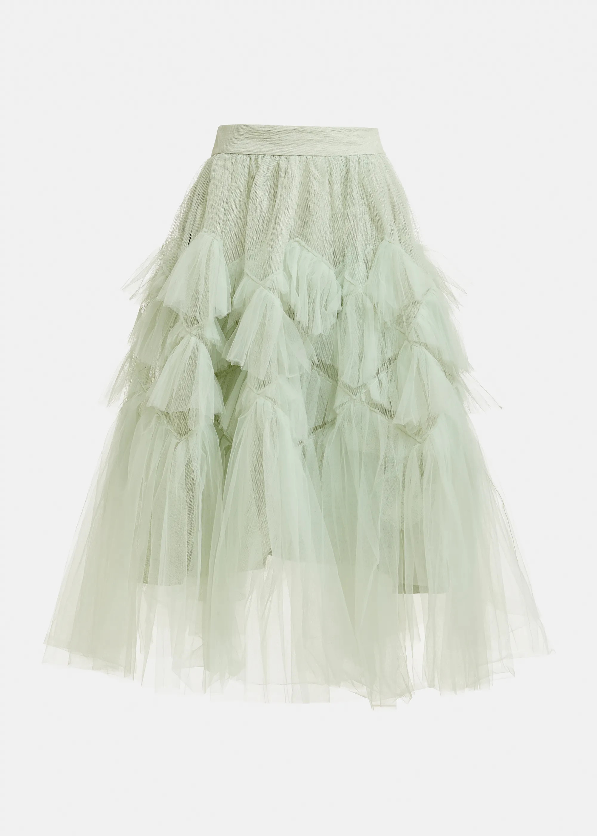 Light green asymmetrical tiered tulle midi skirt | Essentiel Antwerp United States | Essentiel Antwerp