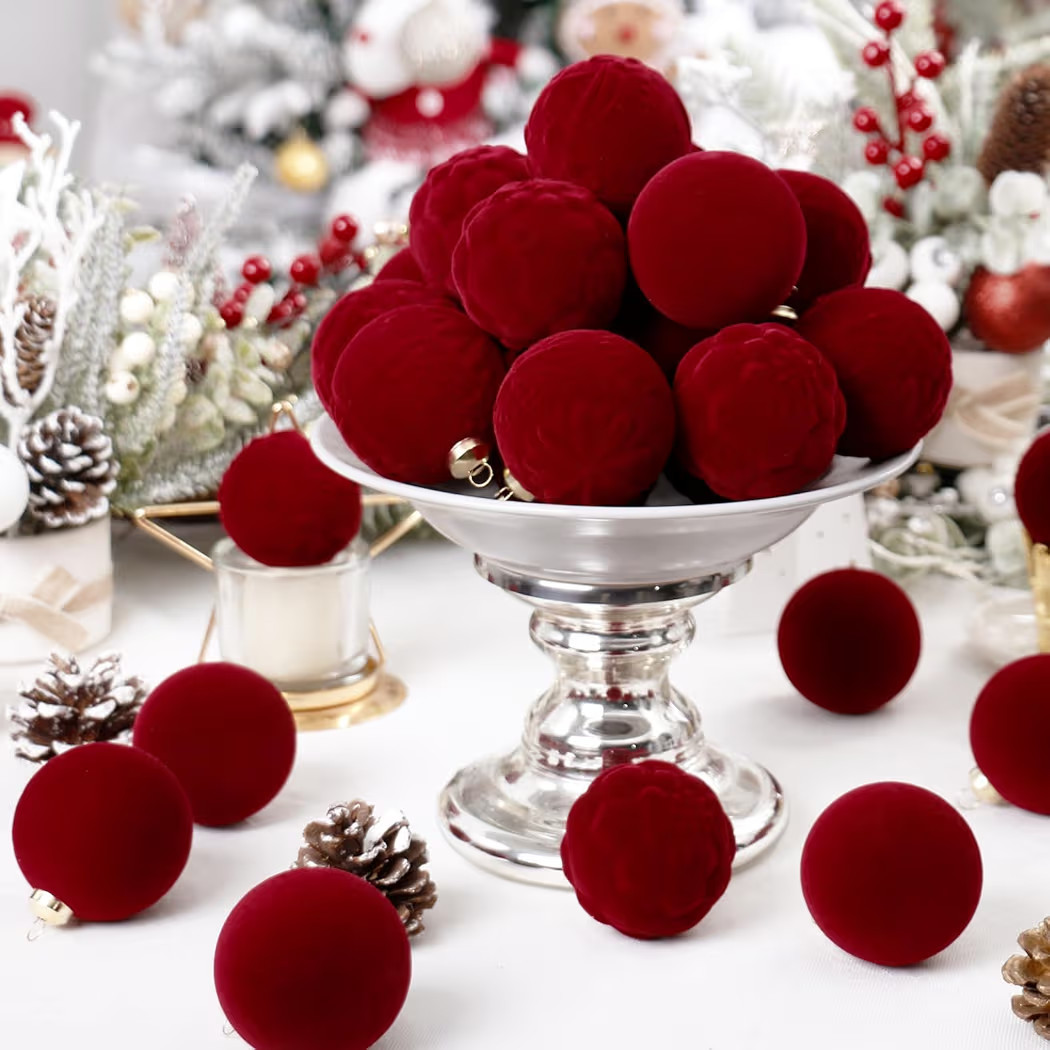 RoseCraft 30PCS Burgundy Velvet Christmas Ball Ornaments Set, 60MM/2.3Inch Shatterproof Flocked O... | Amazon (US)