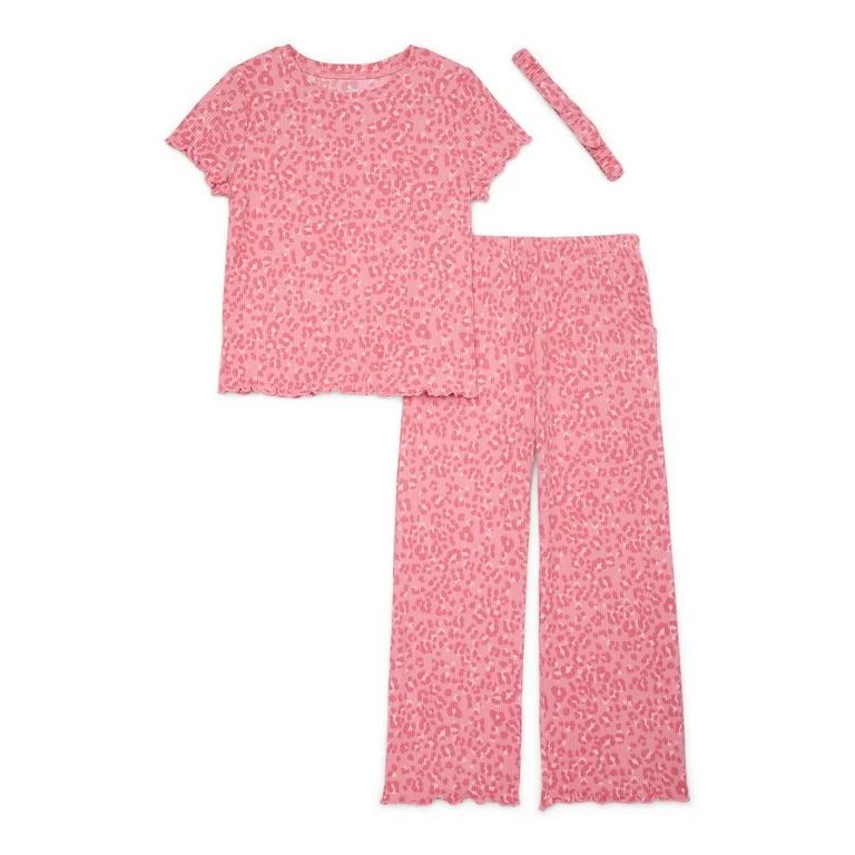 Wonder Nation Girls Short Sleeve Top and Wide Leg Pants Pajama Set with Headband, 3-Piece, Sizes ... | Walmart (US)