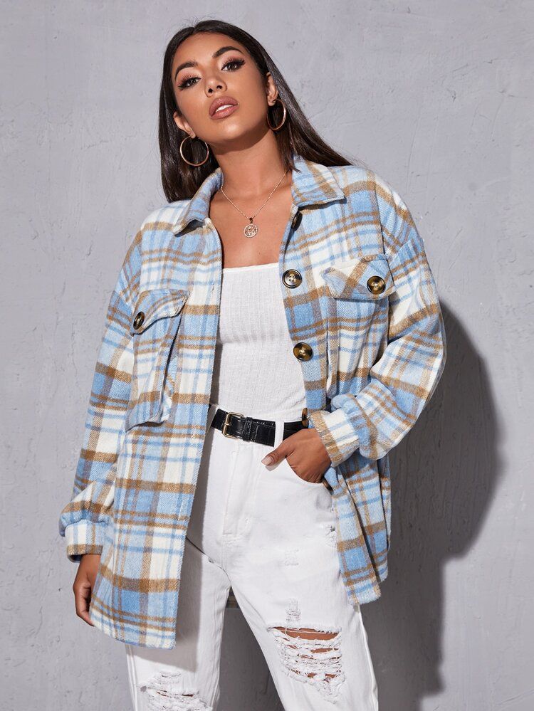 SHEIN Plaid Flap Pocket Longline Overshirt | SHEIN