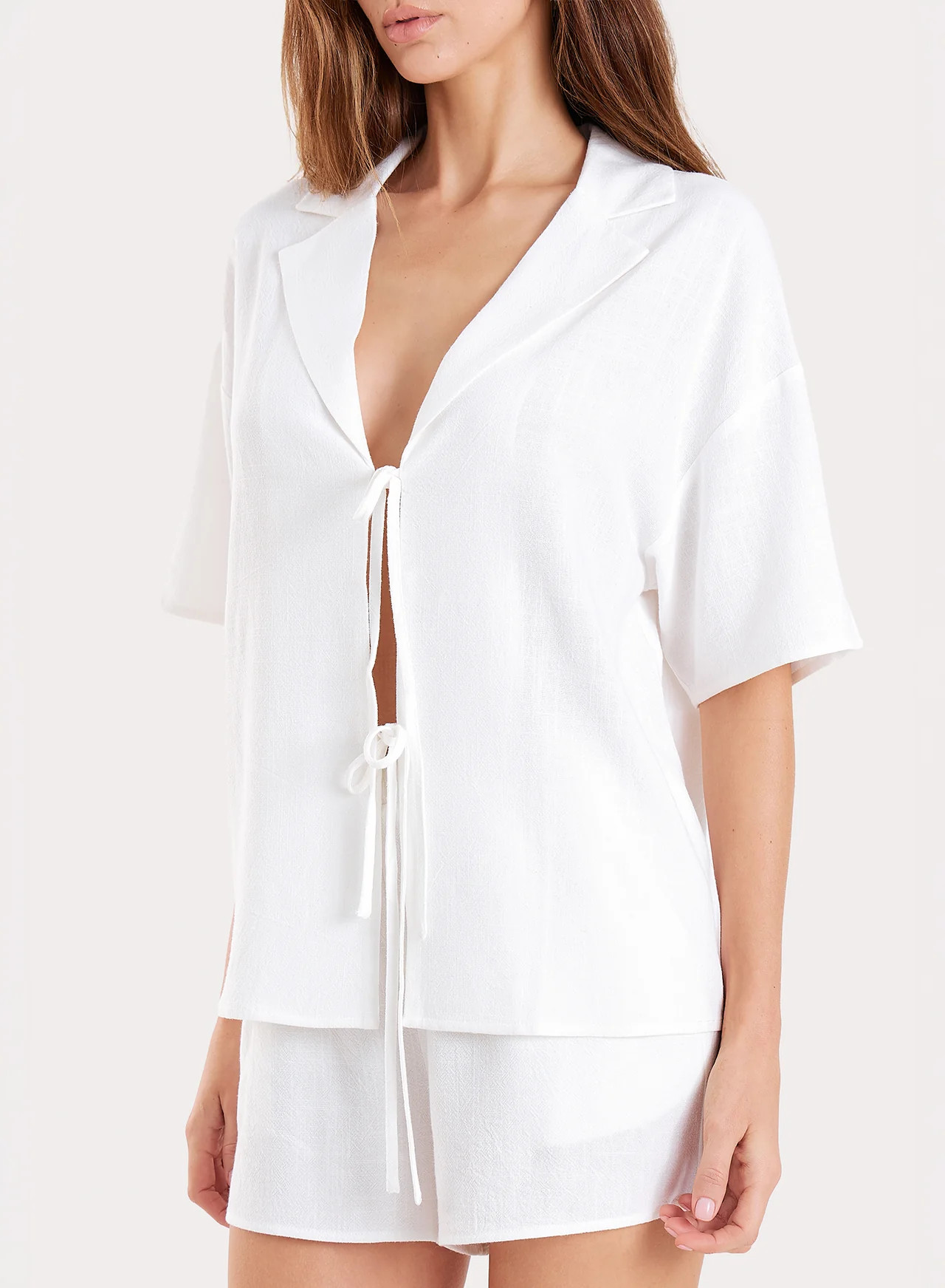 Women's White Linen Blend Tie Front Short Sleeve Shirt | Lara | 4th & Reckless | 4th & Reckless