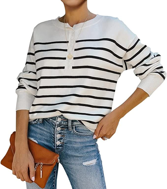 Womens Striped Henley Sweaters Soft Lightweight Long Sleeve Crew Neck Loose Fit Knit Pullover Top... | Amazon (US)