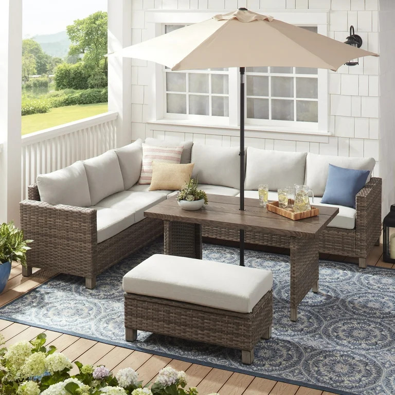Better Home & Gardens Brookbury 4 Piece Outdoor Wicker Patio Sectional Dining Set, Beige Cushions | Walmart (US)