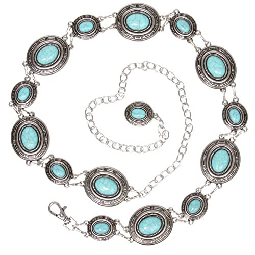 Women's Western Oval Concho Turquoise Stone Chain Belt, Silver | s/m (28"-44" waist) | Amazon (US)