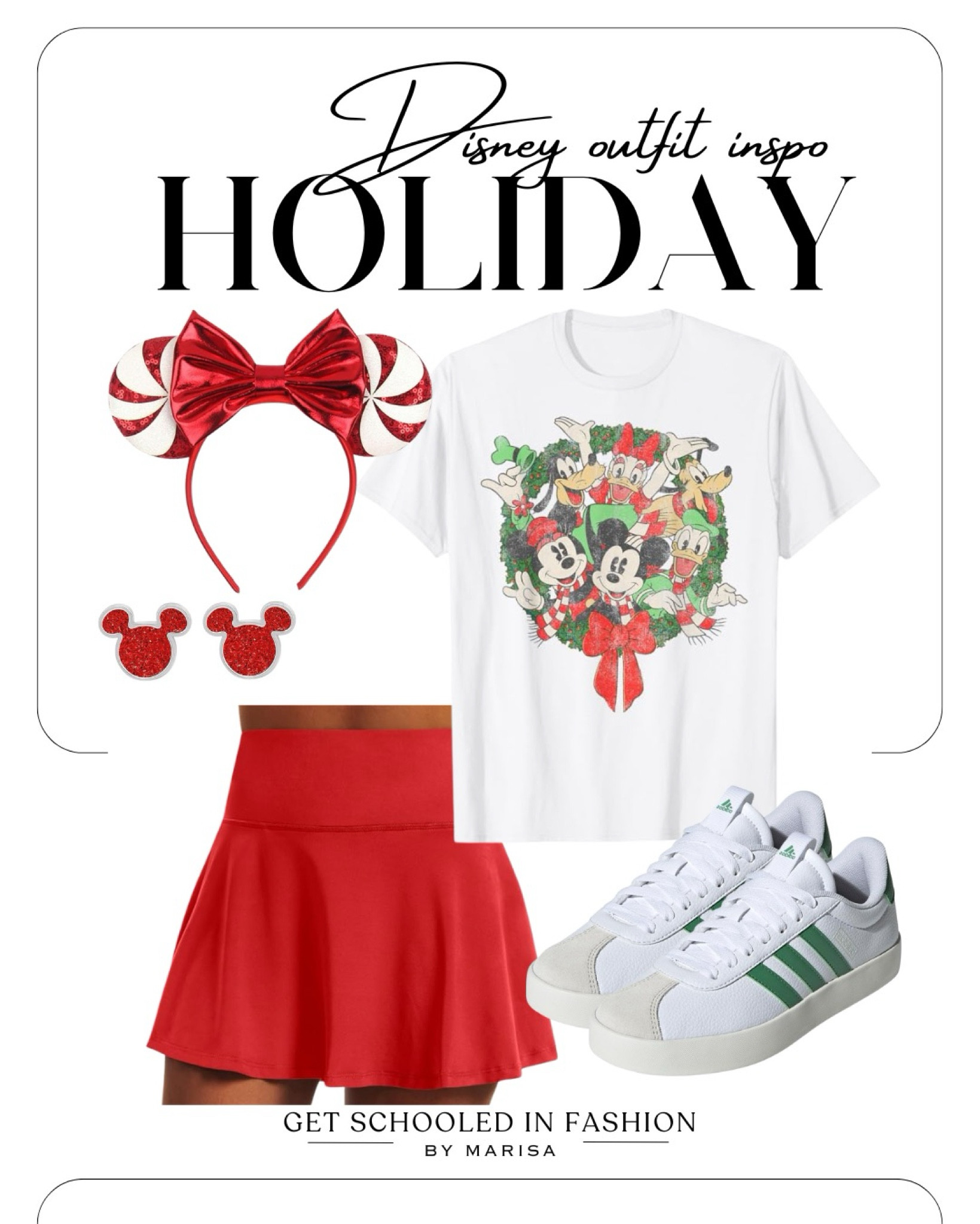 Disney holiday outfit idea featuring a festive character T-shirt paired with an athletic skirt for a sporty and comfortable vibe. Style with white sneakers, a lightweight jacket for cooler weather, and holiday-themed Minnie ears. Add a belt bag or mini backpack for easy access to essentials while exploring the park.

#LTKStyleTip #LTKFindsUnder50 #LTKHoliday