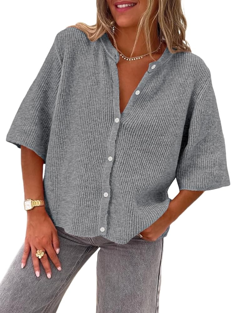 LILLUSORY Short Sleeve Cardigan Sweaters for Women 2025 Summer Cropped Button Up Sweater Tops Cas... | Amazon (US)
