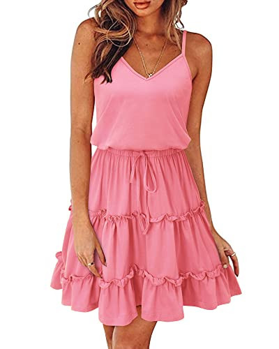 Newshows Women's 2025 Summer Dresses Spaghetti Strap Spring Clothes Casual Boho Beach Vacation Outfits Drawstring Ruffle Hem Sun Dress Trendy(Pink, L) | Amazon (US)