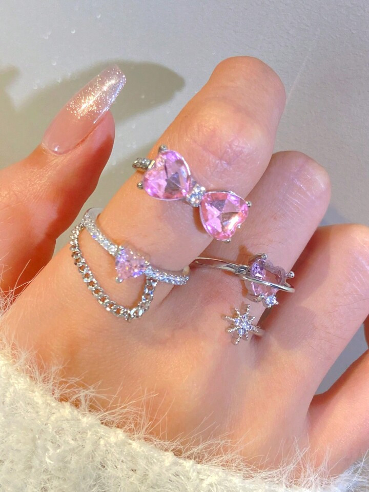 3pcs/set Lovely Pink Rhinestone Decor Heart Shaped Ring For Women Daily Wear Ring Set | SHEIN