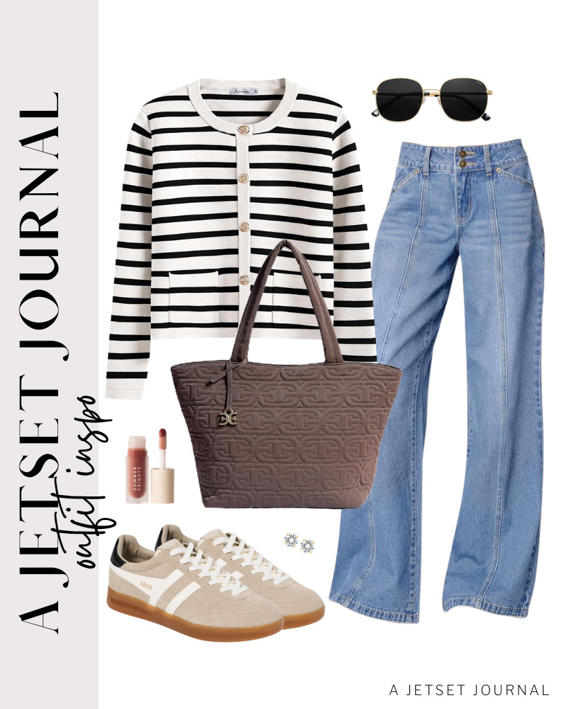 The last outfit combination is a black-and-white striped cardigan from ANRABESS and Sidefeel wide-leg jeans. This fit goes well with Gola leather sneakers and a Sam Edelman tote bag. Wear these PAVOI stud earrings, too!

#LTKSeasonal #LTKSaleAlert #LTKTravel
 

 