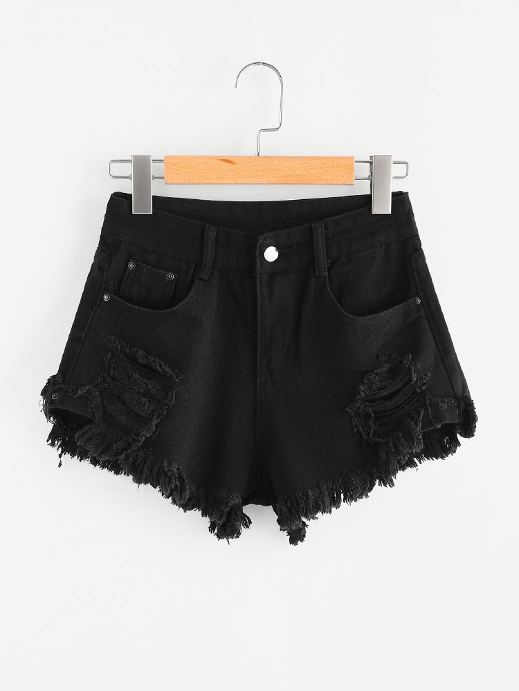 Distressed Frayed High-Rise Shorts | SHEIN