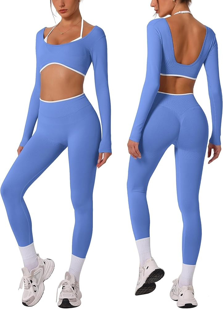 ABOCIW Workout Sets for Women Long Sleeve Crop Top Scrunch Butt Lifting High Waist Leggings 2 Pie... | Amazon (US)