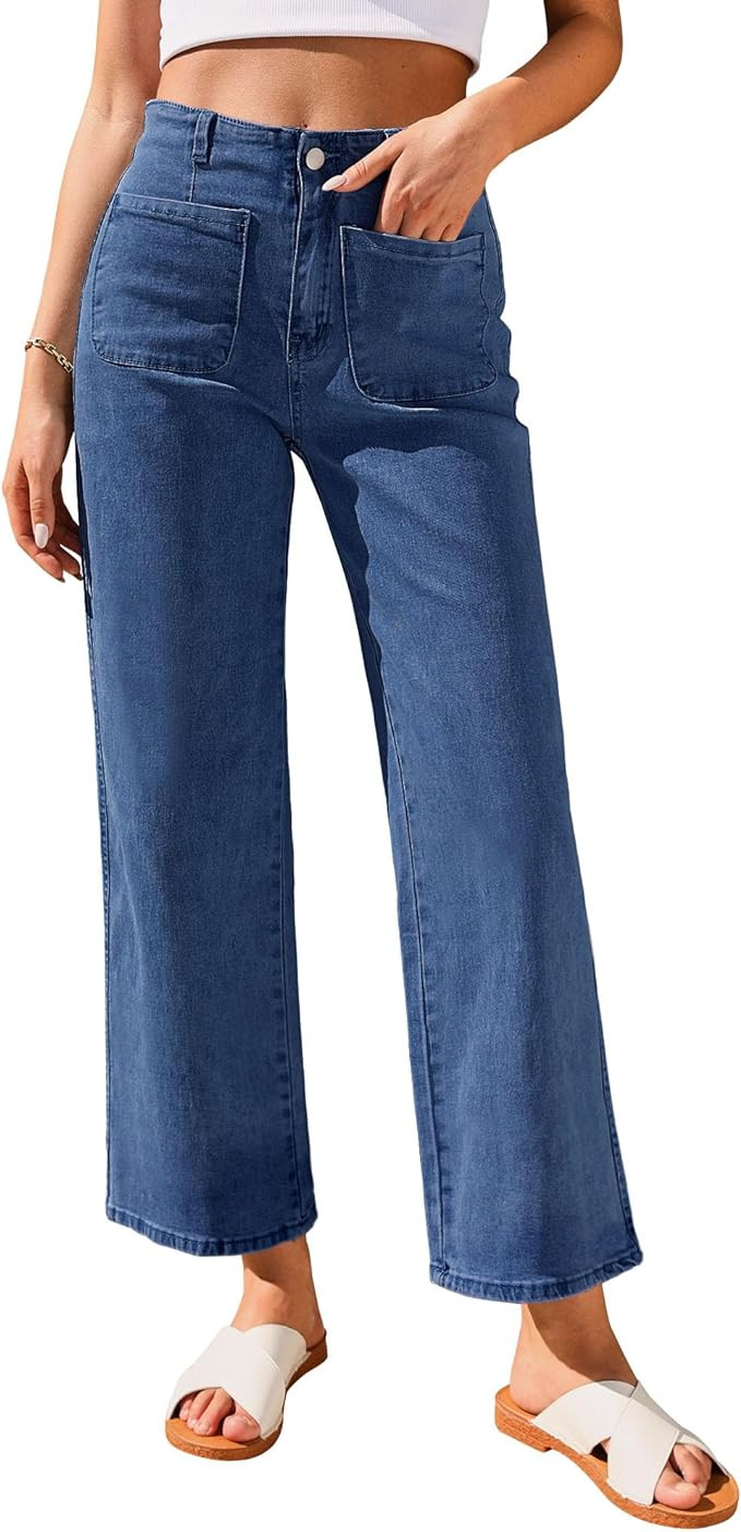 GRAPENT Wide Leg Jeans for Women High Waisted Straight Leg Stretchy Cropped Denim Pants with Pock... | Amazon (US)