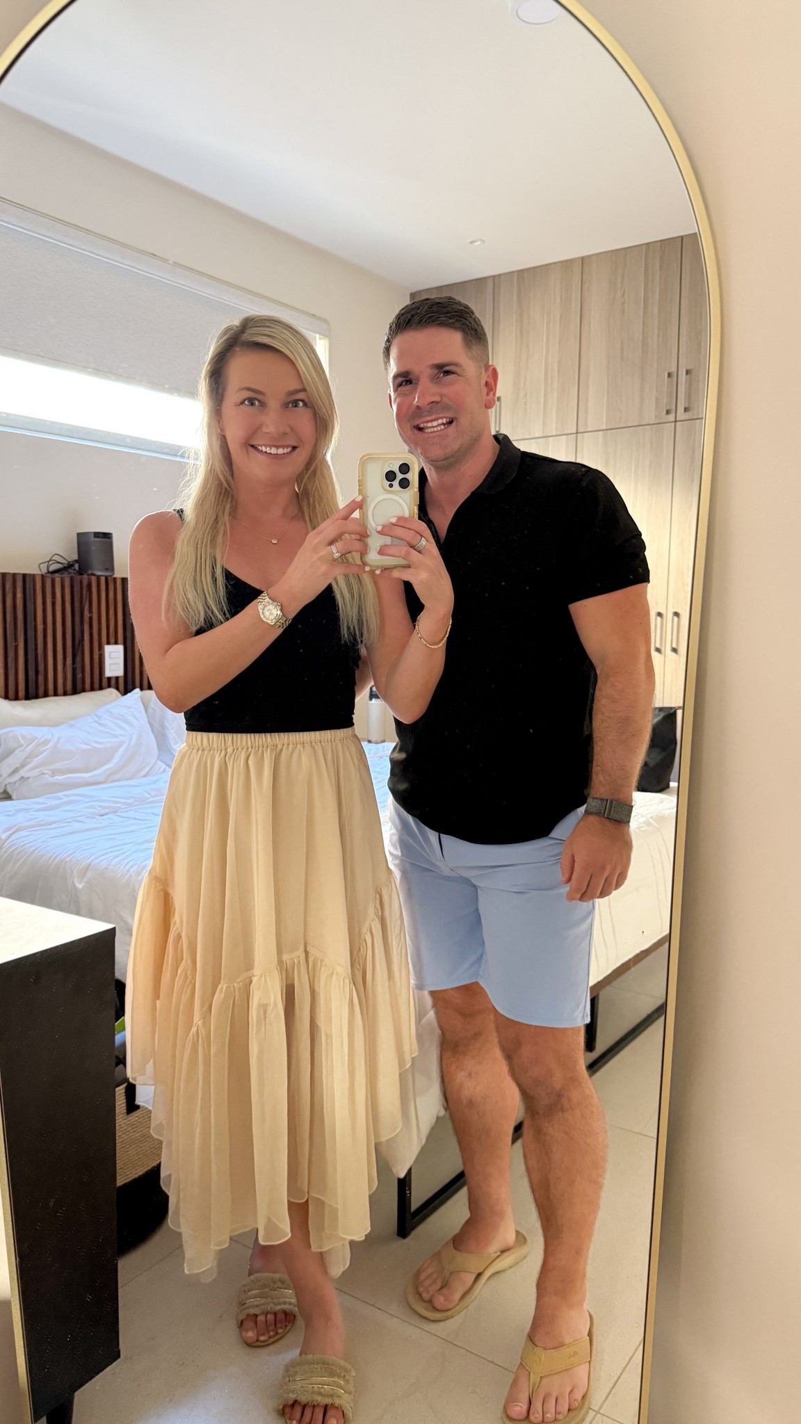 What to wear to Cabo’s Thursday Night Art Walk 🇲🇽✨

San José del Cabo’s Gallery District comes alive every Thursday night — colorful papel picado overhead, cobblestone streets, live music, art galleries, and dinner reservations after.

For this night out, I wore an easy black crop tank with a flowy neutral midi skirt & comfy slide sandals — polished but breathable for warm Cabo evenings.

My husband kept it classic with a black polo, tailored light blue shorts & neutral sandals — perfect for a casual but elevated vacation look.

Saving this for your Cabo trip!

⸻

Cabo outfit ideas, Cabo vacation outfits, what to wear in Cabo, Cabo art walk outfit, San Jose del Cabo outfit, Mexico vacation outfits, resort wear women, neutral vacation outfit, black crop tank outfit, midi skirt summer outfit, flowy skirt vacation outfit, summer night outfit warm weather, vacation date night outfit, cobblestone street outfit, chic travel outfit, travel couple outfits, men’s resort wear outfit, men’s summer vacation outfit, polo and shorts outfit men, light blue shorts outfit men, casual luxury vacation outfit, Cabo travel style, Thursday night art walk Cabo, San Jose del Cabo gallery district outfit, Mexico travel style inspiration

#LTKTravel #LTKMens