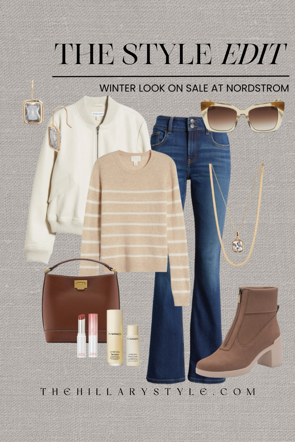 The Style Edit: Winter Look on Sale and Nordstrom. Casual winter outfit with pieces from the Nordstrom Half-Yearly Sale. Denim flare jeans, cashmere sweater, bomber jacket, boots, handbag,  sunglasses, gold necklace, gold earrings, lip color, serum set. BP., Jenny Bird, Diff, Mango, MAC Cosmetics, rom&nd, Caslon, ABEO, Nordstrom. Winter outfit, casual outfit, jeans outfit, cashmere sweater outfit, sale outfit 


#LTKStyleTip #LTKSeasonal #LTKSaleAlert