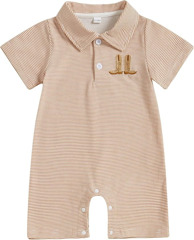 Gueuusu Country Baby Boy Outfit Newborn Western Romper Cowboy Boots Embroidery Striped Collared B... | Amazon (US)