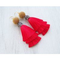 Red Tiered Fringe Silk Tassel Earrings - Three Layered Lightweight Dangle Statement Long Tassle Earr | Etsy (US)