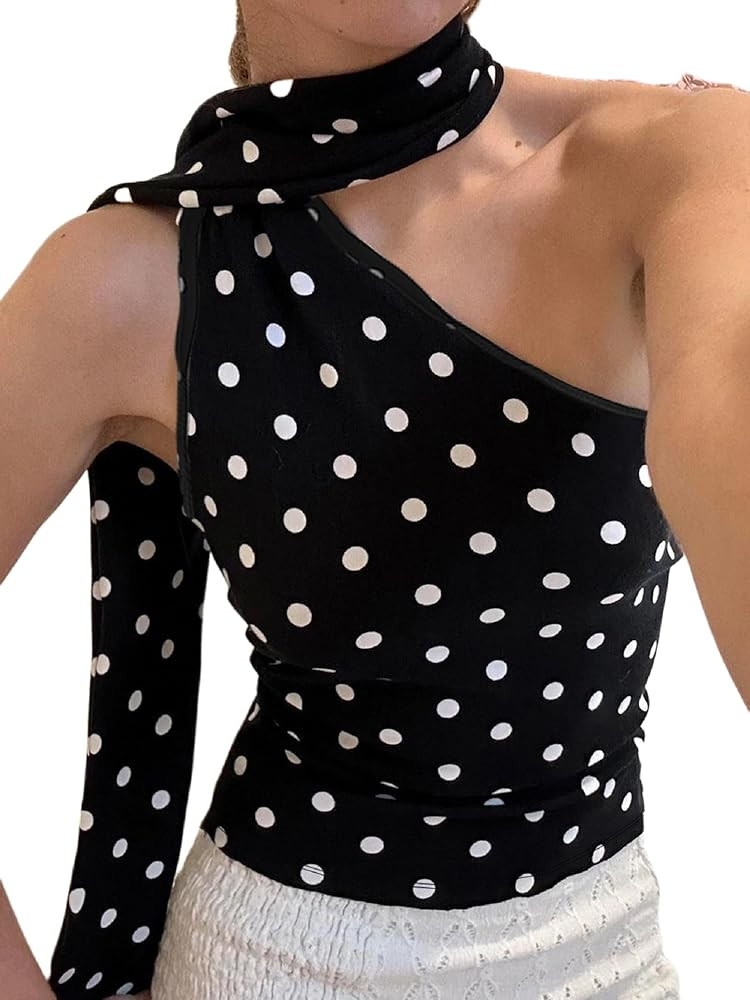 Y2k Polka Dot Tank Top for Women One Shoulder Sleeveless Halter Crop Top Backless Camisole with S... | Amazon (US)