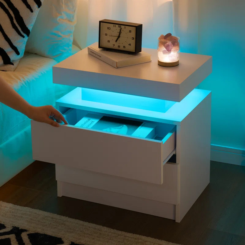 Bedside Table With 2 Drawers, Led Nightstand Wooden Cabinet Unit With Led Lights For Bedroom, End... | Wayfair North America
