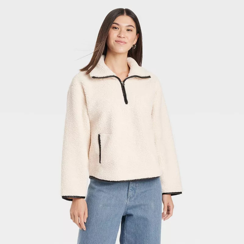 Women's Fleece Quarter Zip-Up Sweatshirt - Universal Thread™ Cream | Target
