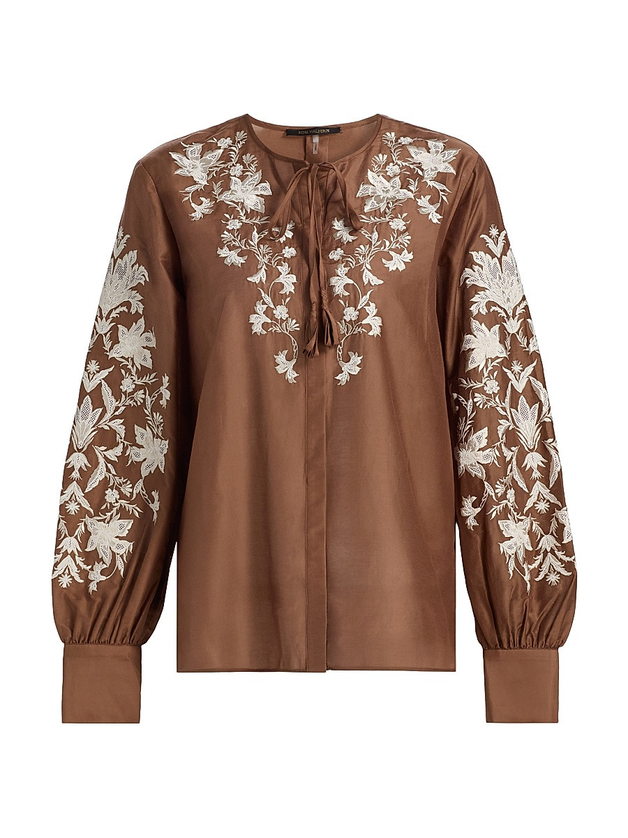 Women's Franki Floral-Embroidered Taffeta Blouse - Cacao - Size Medium | Saks Fifth Avenue