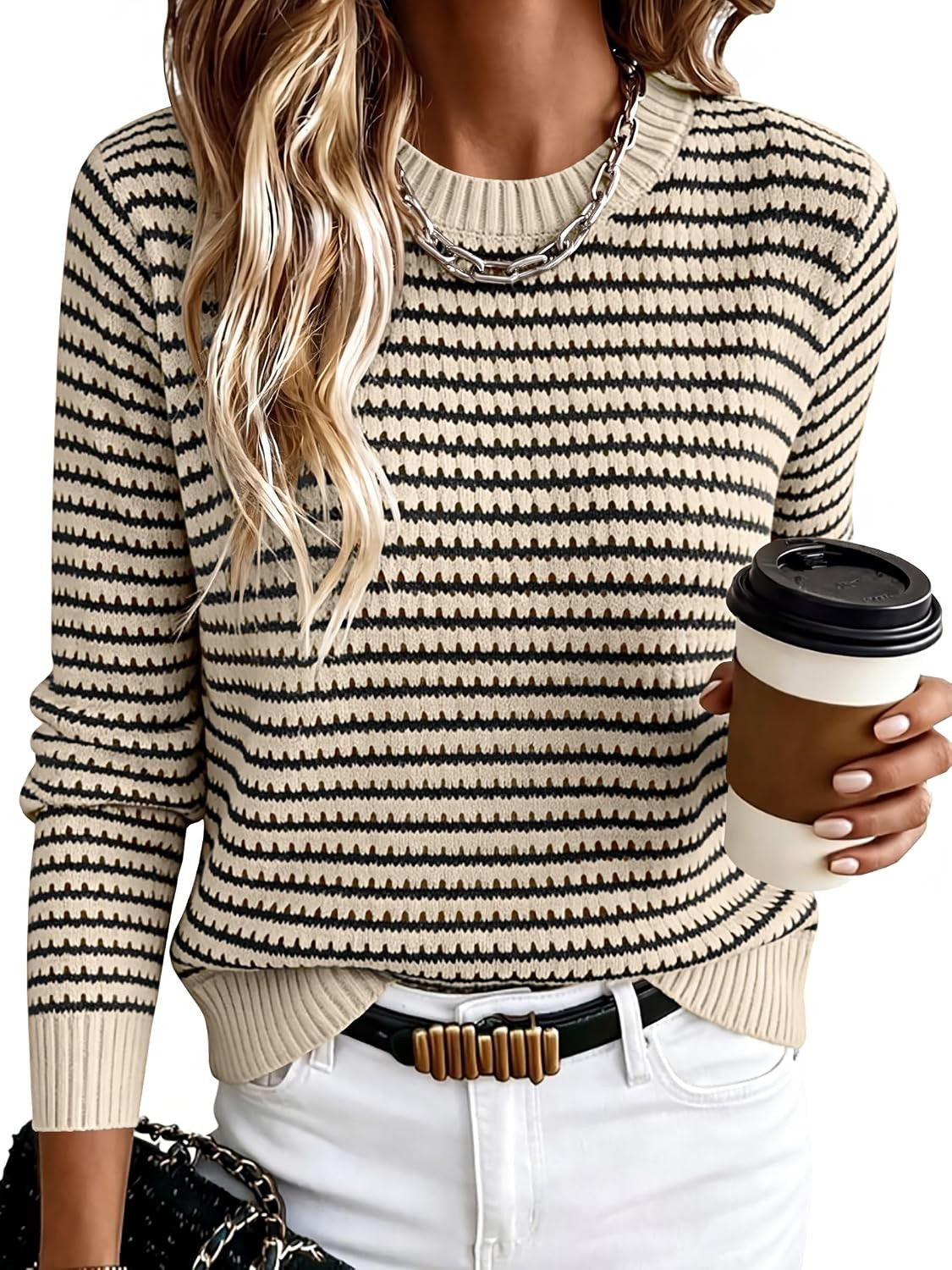 ANRABESS Womens Fall Long Sleeve Striped Crochet Sweaters Top | Amazon (US)