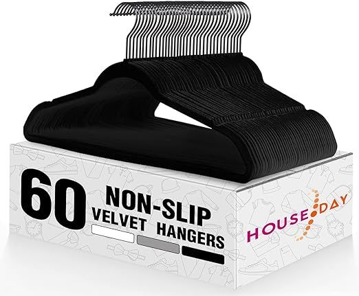 HOUSE DAY Black Velvet Hangers 60 Pack, Velvet Clothes Hangers Non Slip Felt Hangers, Heavy Duty ... | Amazon (US)