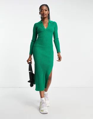 In The Style x Billie Faiers exclusive knitted ribbed collar midi dress in green | ASOS (Global)