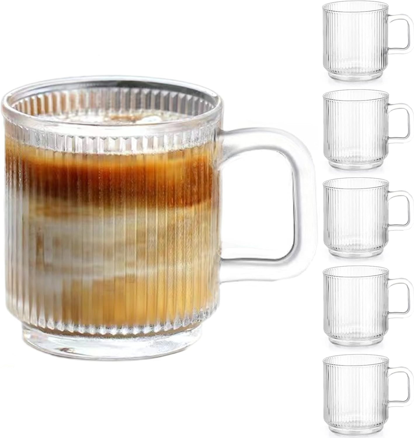 Qipecedm 6 PACK Premium Glass Coffee Mugs with Handle, 12 OZ Classic Vertical Stripes Glass Coffee Cups, Transparent Tea Cup for Hot/Cold Beverages, Glassware Set for Americano, Latte, Cappuccino | Amazon (US)