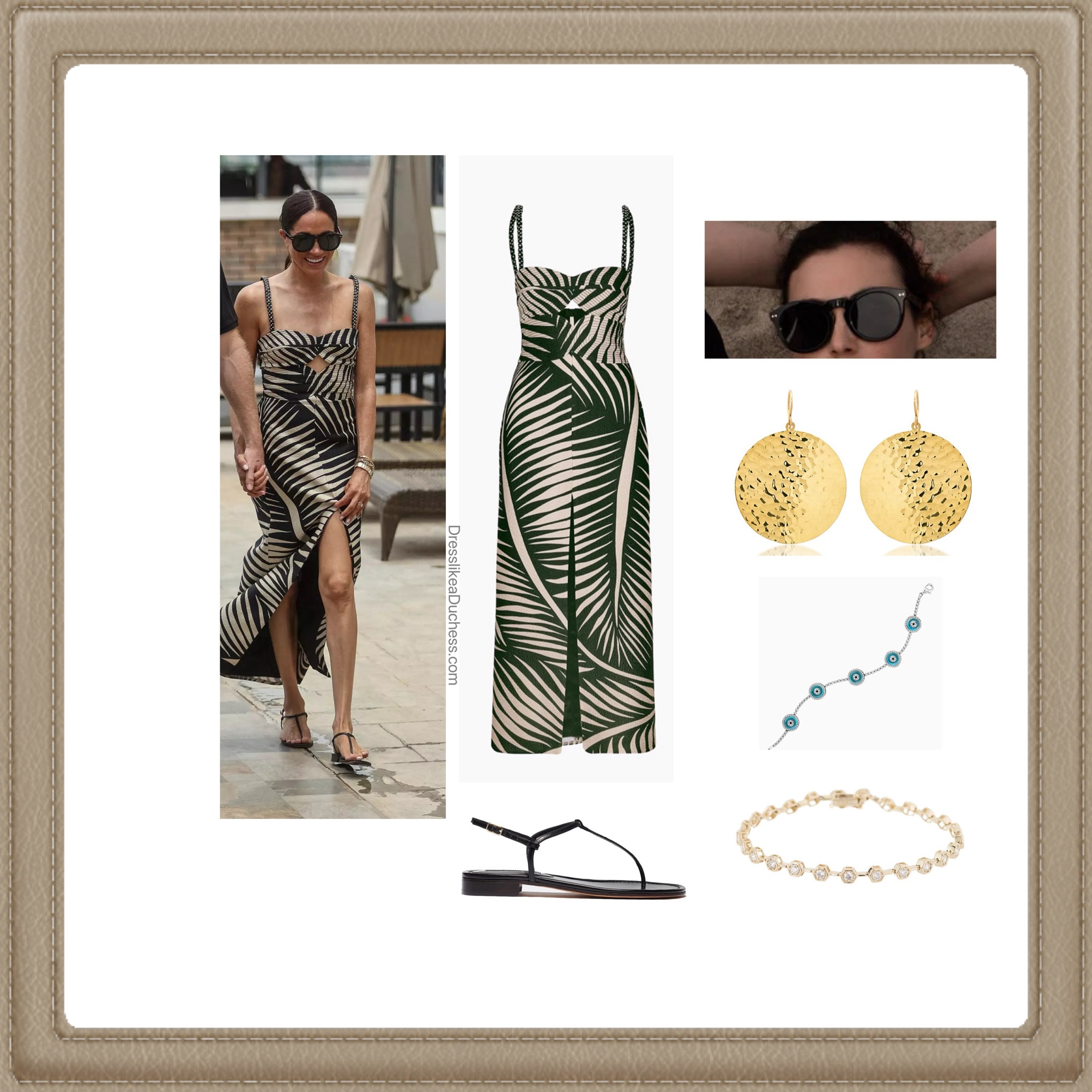 Meghan Markle Heidi Merrick Tropicana dress, Jennifer Meyer large hammered earrings, Lorraine Schwartz evil eye bracelet, Emme parsons sandals 