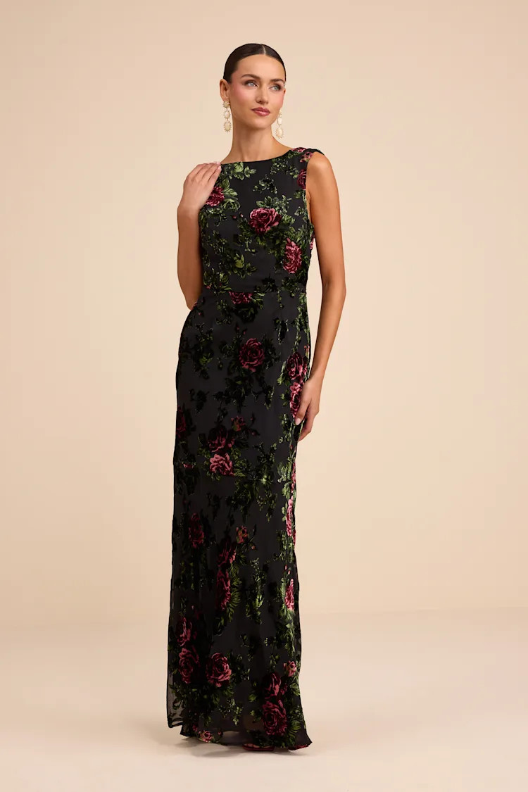 Declan Black Floral Burnout Cowl Back Maxi Dress | Lulus