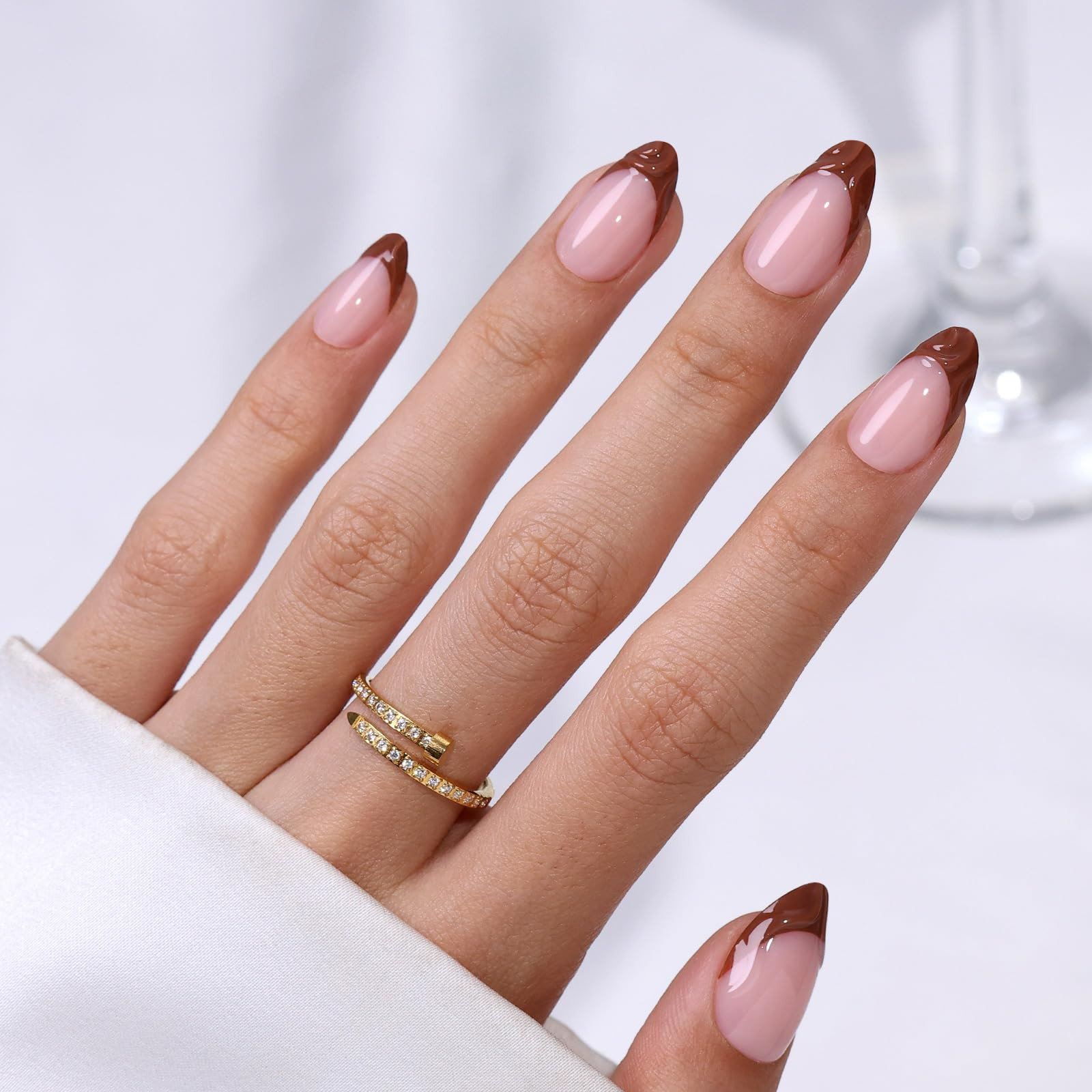 Chocolate Brown Fall French Tip Press on Nails Short Almond - GJZEZ Soft Gel Fake Nails Press Ons... | Amazon (US)