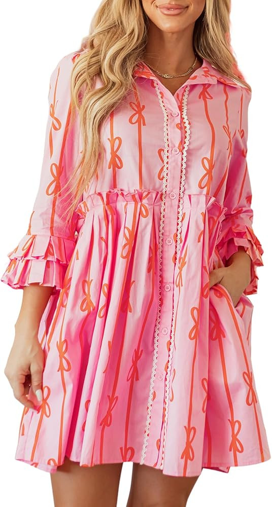 Melliflo Women's Pink Bowknot Striped Printed Dress Tiered Ruffled Sleeve Mini Shirt Dress Cute C... | Amazon (US)
