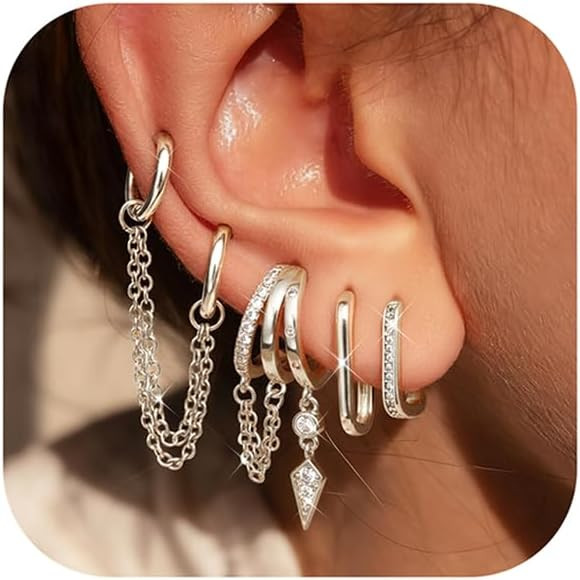 Hypoallergenic Earring Stacks - Non Tarnish 14K Gold Plated Surgical Steel Earring Dainty CZ Hugg... | Amazon (US)