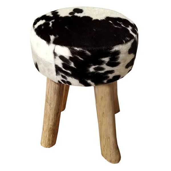 Round Stool INDY in Black & White Cow Hide with Rustic Wood Legs | Bed Bath & Beyond