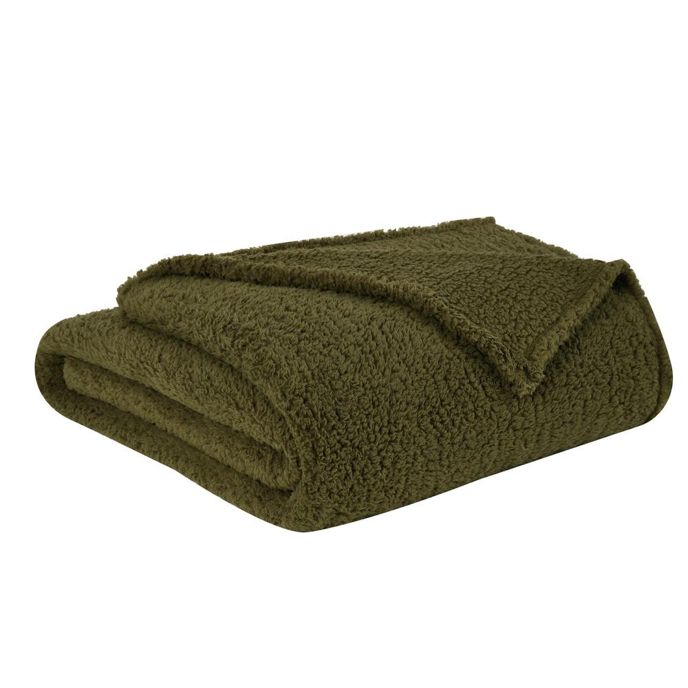 Brooklyn Loom Marshmallow Sherpa Olive Green Throw Blanket | The Home Depot