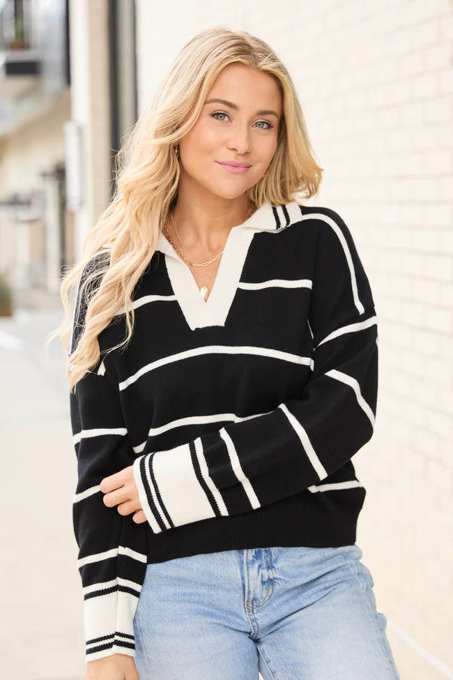 Imagine That Black Striped Collared Sweater SALE | Pink Lily
