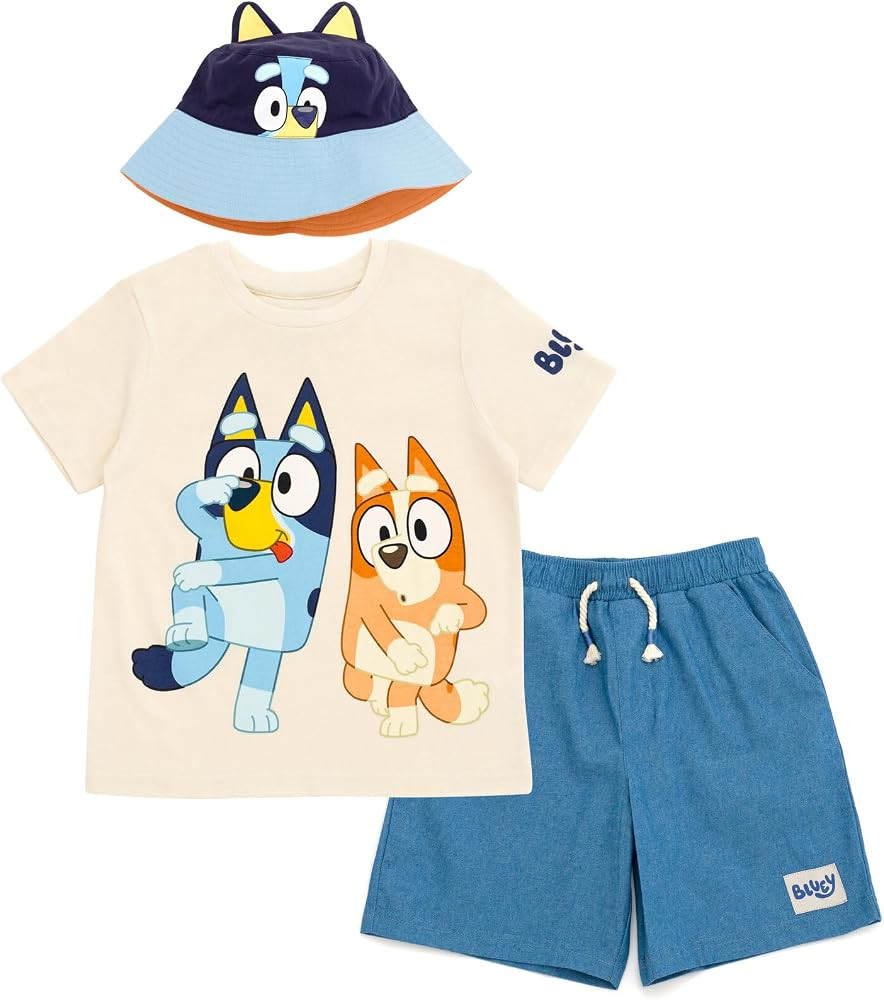 Bluey T-Shirt Chambray Shorts and Twill Bucket Sun Hat 3 Piece Outfit Set Toddler to Big Kid | Amazon (US)