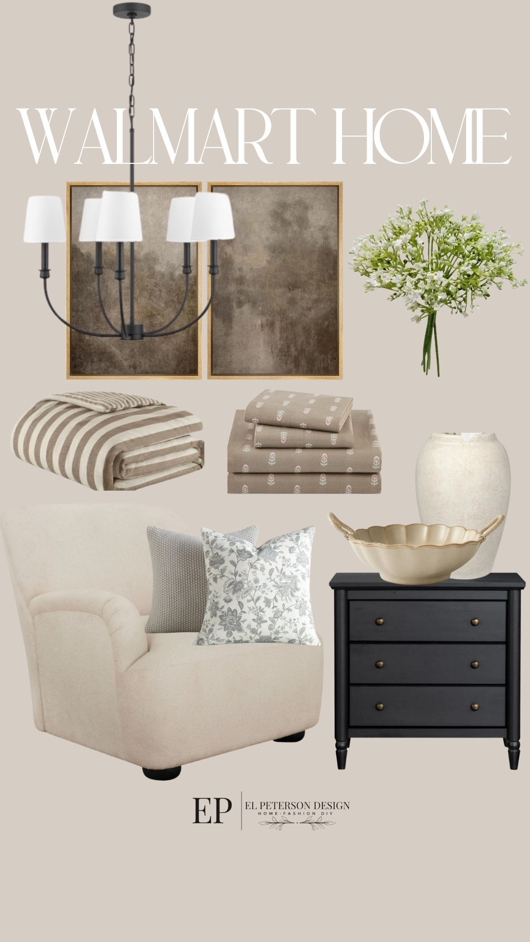 Walmart Home
Nightstand 
Accent Chair
Stems
Sheet set
Blanket
Artwork
Vase
Bowl
Pillows
Chandelier 

#LTKHome
