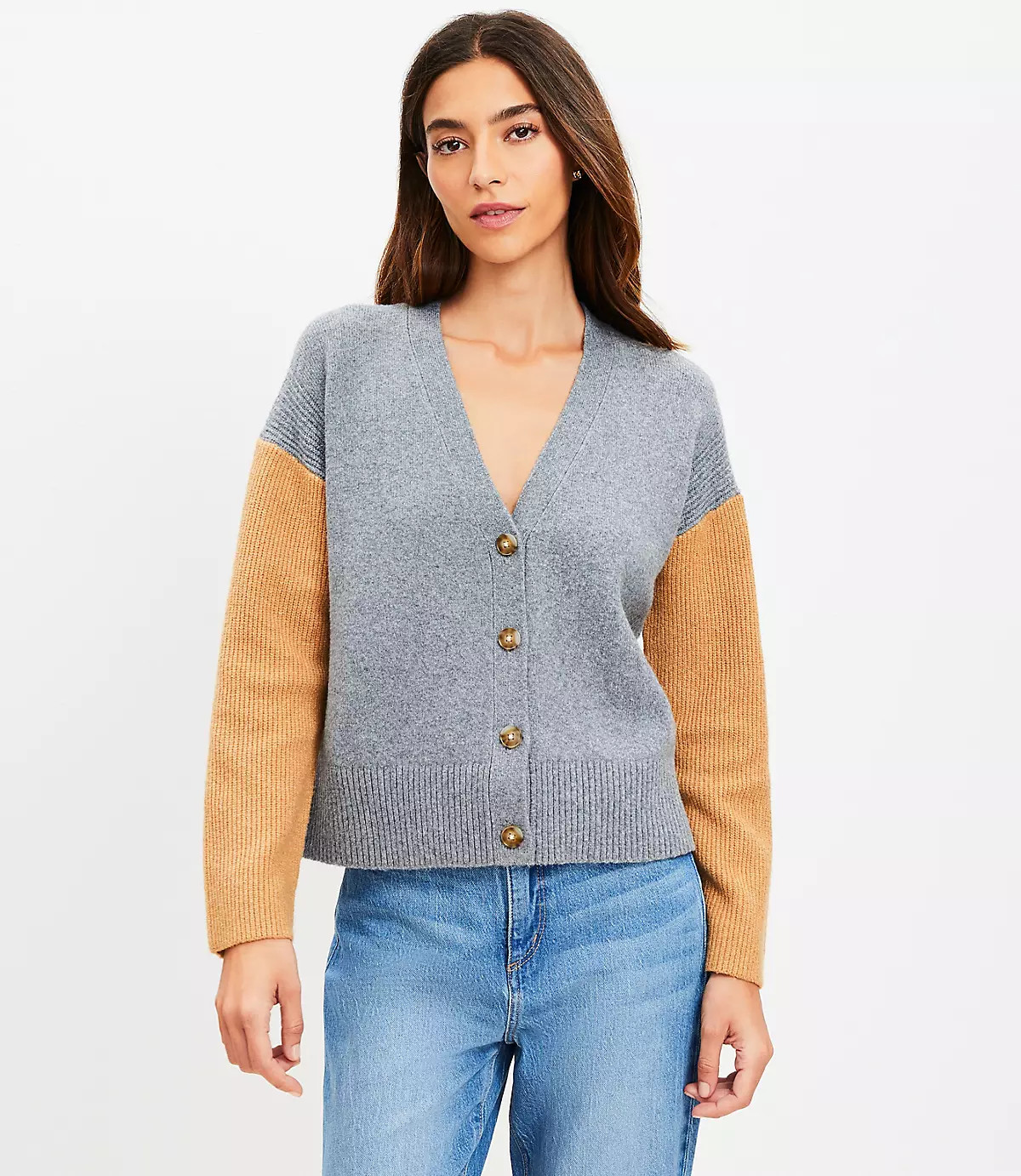 Colorblock Ribbed Sleeve V-Neck Cardigan | LOFT