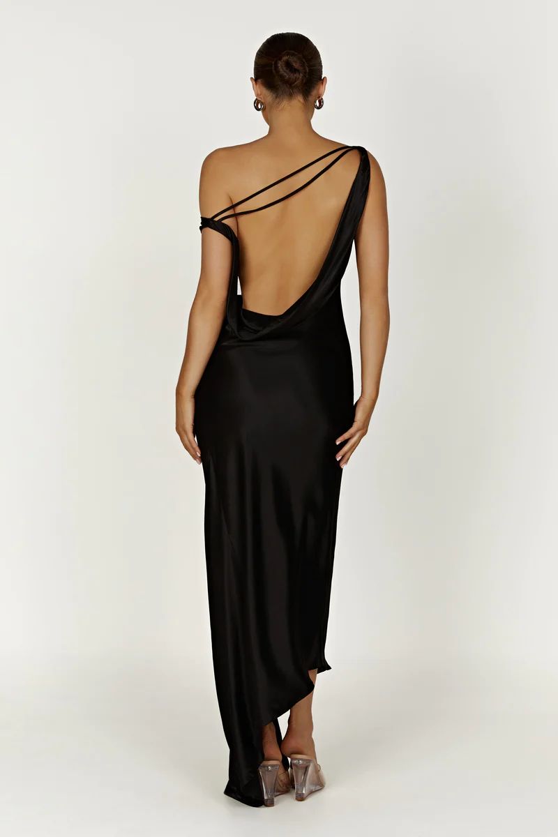 Yvette Slip Maxi Dress With Asymmetrical Hem - Black | MESHKI US
