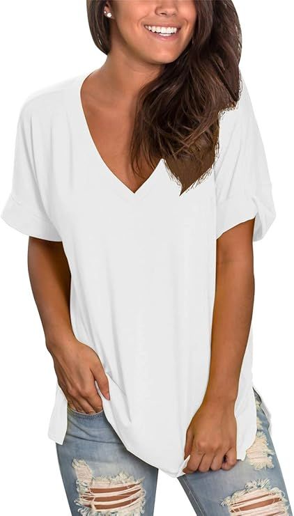 Topstype Womens Summer Short Sleeve T Shirts V Neck Tunic Roll Up Tops Cute Tees Loose Fitted Hen... | Amazon (US)