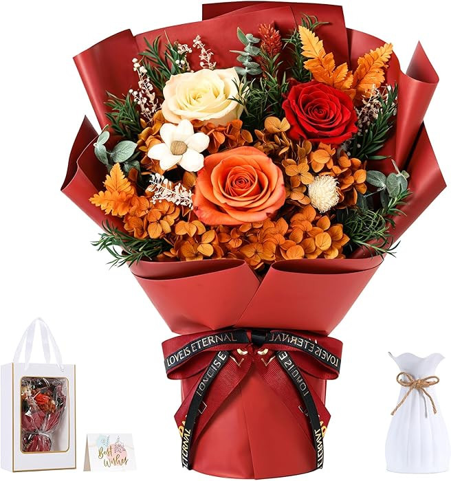 Lewondr Flower for Delivery, Preserved Flowers Bouquet, Orange Roses Bouquet, Real Long-Lasting F... | Amazon (US)