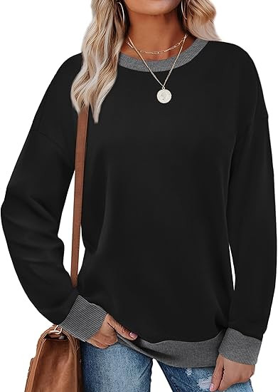Saloogoe Sweatshirts for Women Crewneck Long Sleeve Loose Fit Tops Color Block Ribbed Trim Fashio... | Amazon (US)